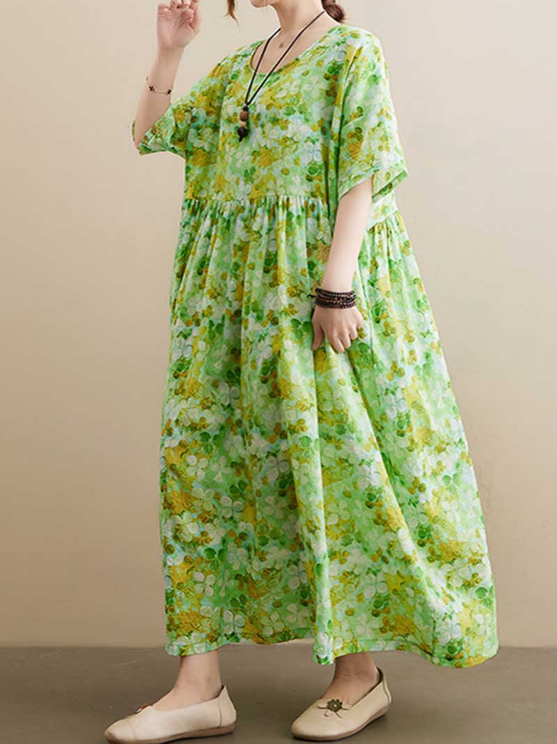 Green Round Neck Short Sleeve Ditsy Floral Pleated Smock Maxi Dress 4