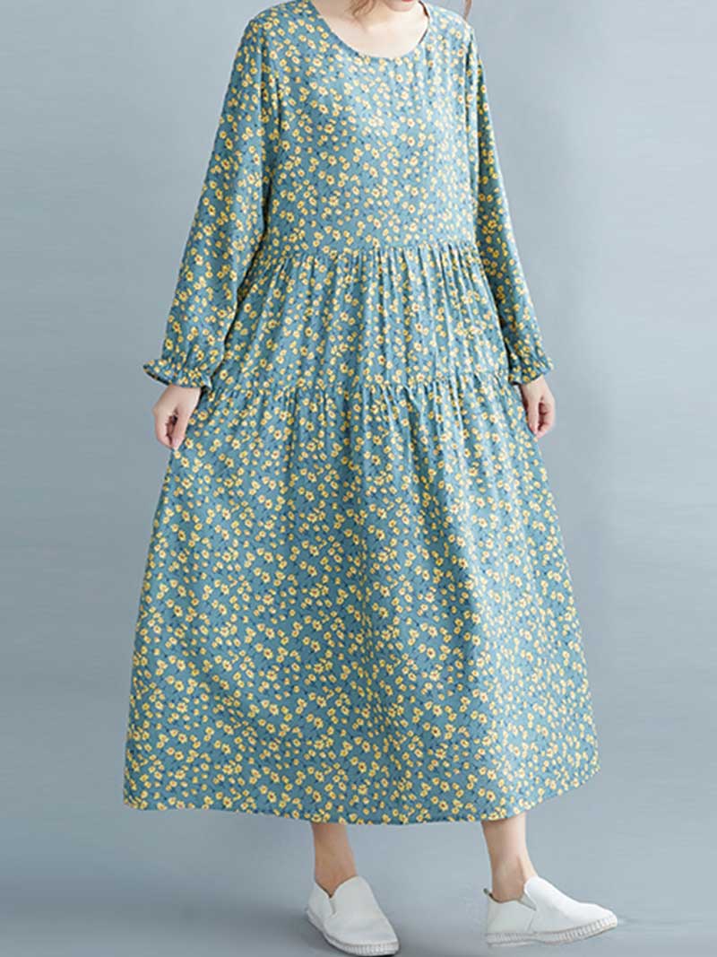 Green Round Neck Long Sleeve Ditsy Floral Print Tiered Midi Dress 6