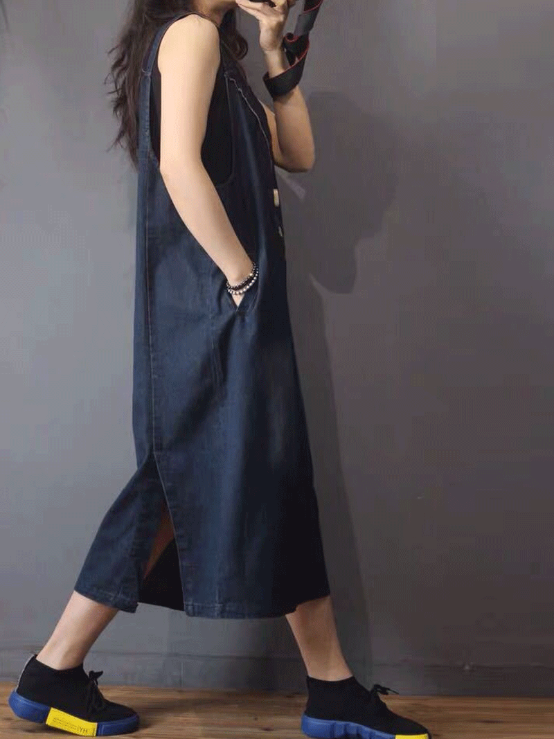 Blue Sleeveless Denim Pocket Pinafore Overall A-Line Midi Dress