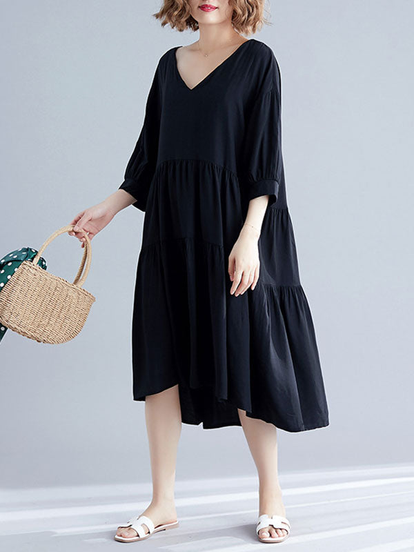 V-Neck Three-Quarter Sleeve Tiered Loose A-Line Midi Dress