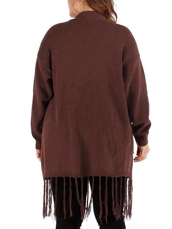 Brown Open Front Patch Pocket Tassel Hem Long Sleeve Knit Cardigan 2