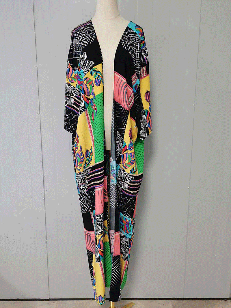 Black Abstract Print Open Front Wide Sleeve Long Duster Kimono