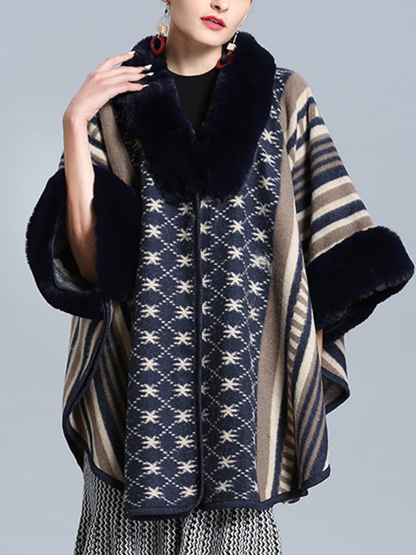 Faux Fur Collar Striped Aztec Print Cape Cardigan 2
