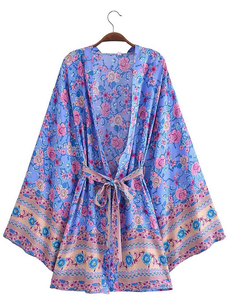 Ditsy Floral Border Print Belted Open-Front Short Kimono