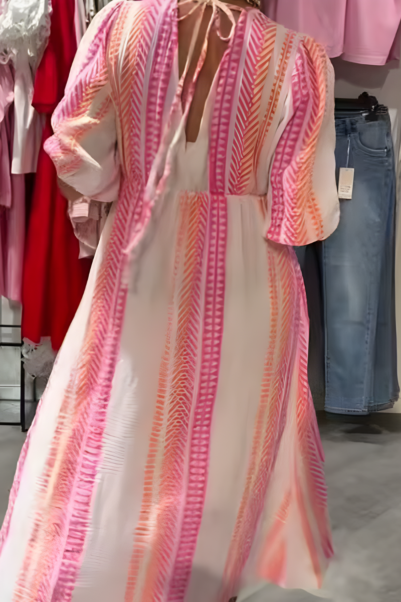 V-Neck Geometric Stripe Puff Sleeve Empire Waist Flowy Maxi Dress 2