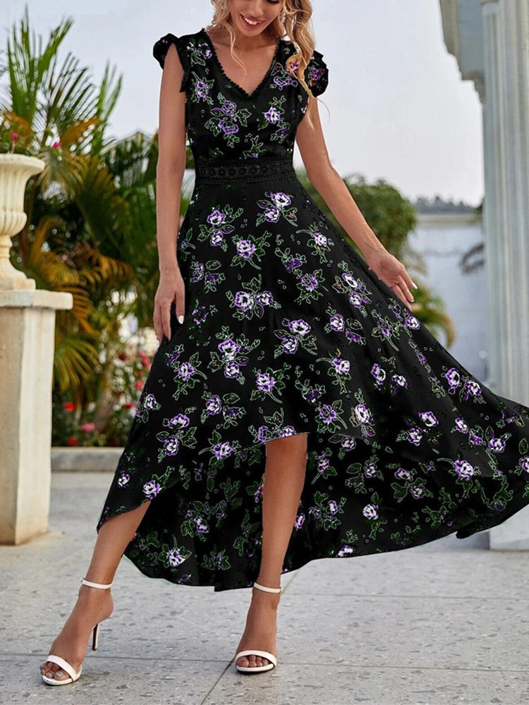 Women's Shirt All Over Floral Print High Low Hem -Line Dress