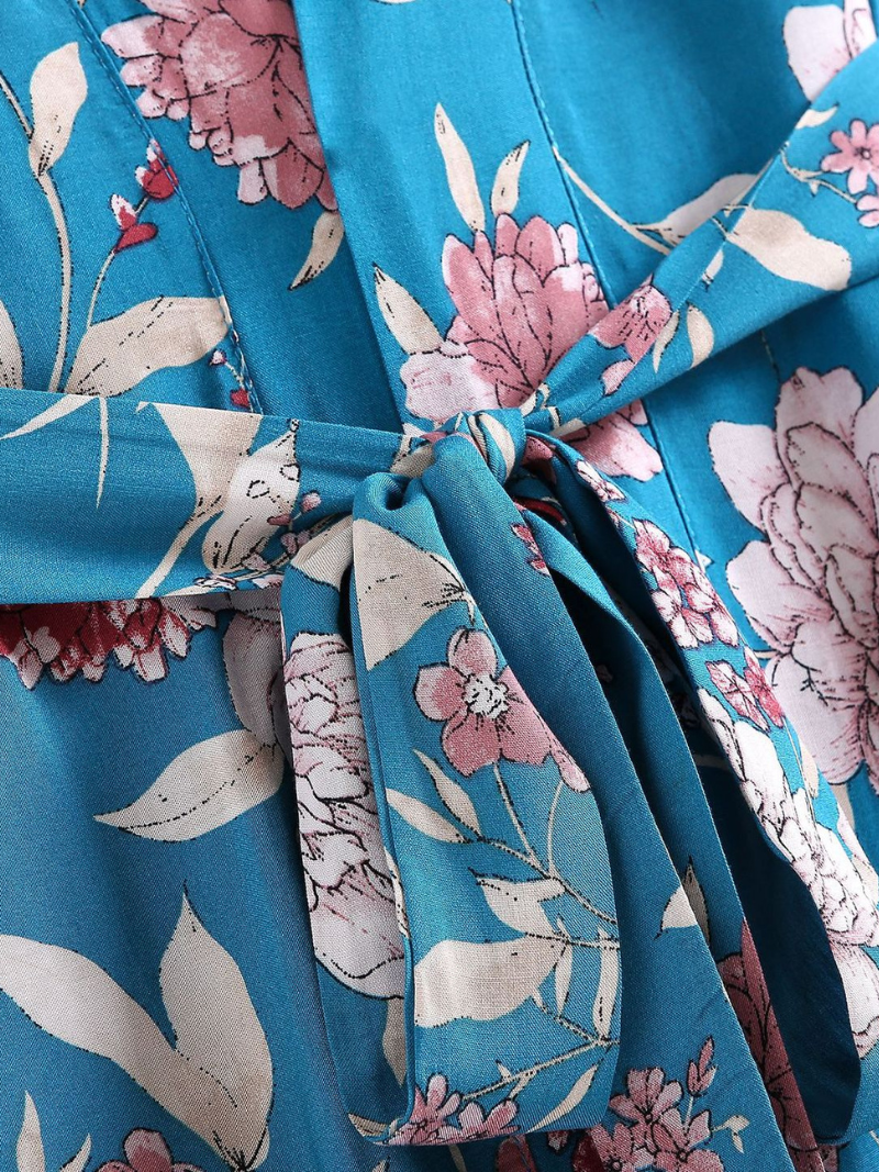 Blue Floral Print Belted Wide Sleeve Long Kimono Robe 3