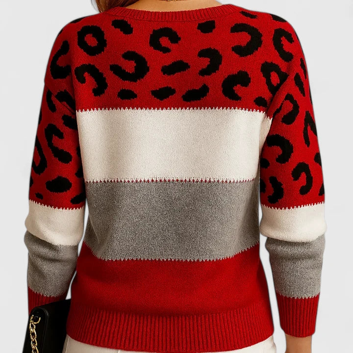Round Neck Leopard Color Block Knit Long Sleeve Sweater 3