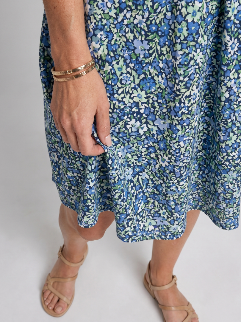 Blue V-Neck Ditsy Floral Print Button Front Tiered Mini Dress 3