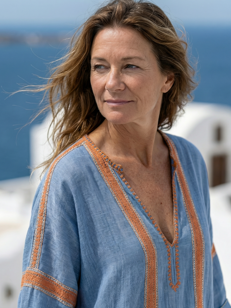 Blue V-Neck Half Sleeve Contrast Trim Linen Loose Kaftan Maxi Dress