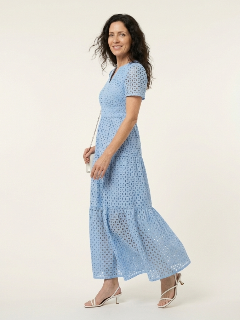 Sky Blue Notch Neck Flutter Sleeve Eyelet Lace Tiered Maxi Dress 2