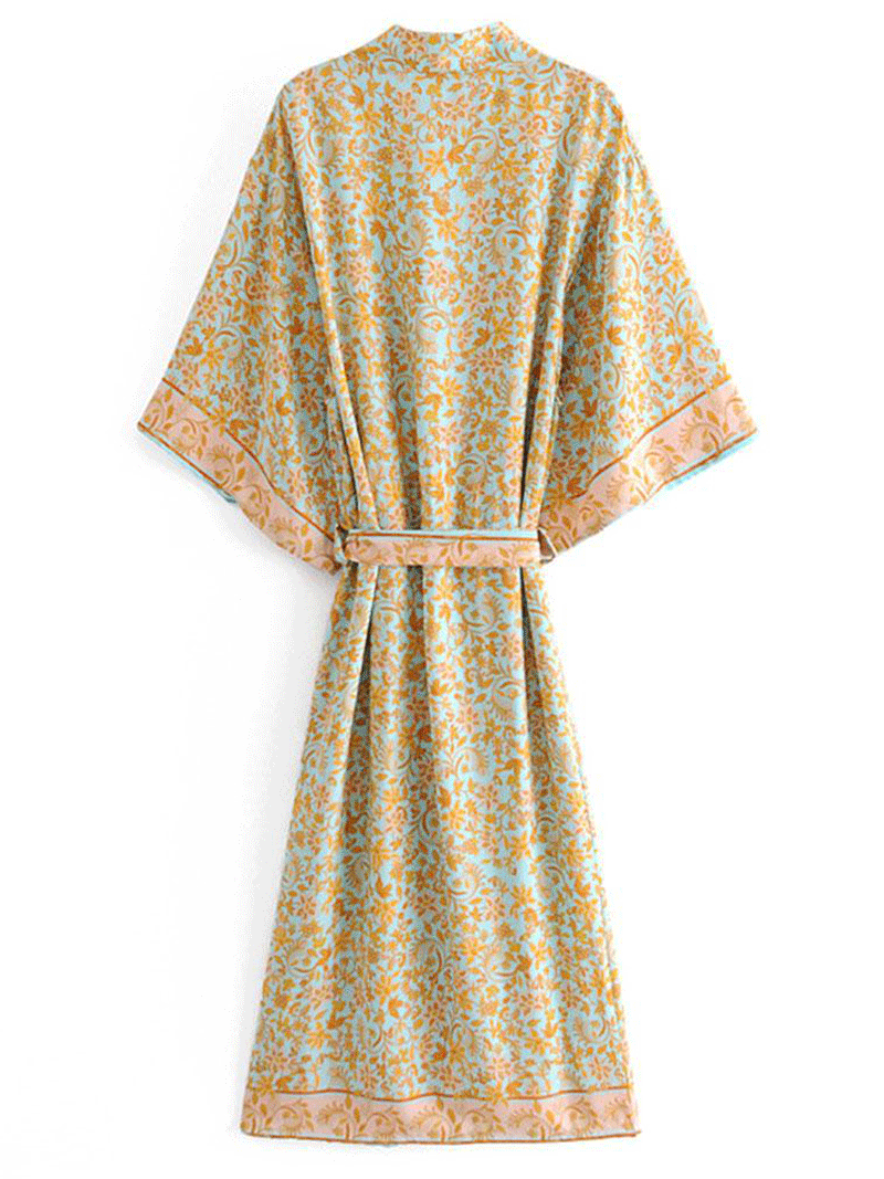 Beige Ditsy Floral Print Border Trim Tie Waist Long Kimono