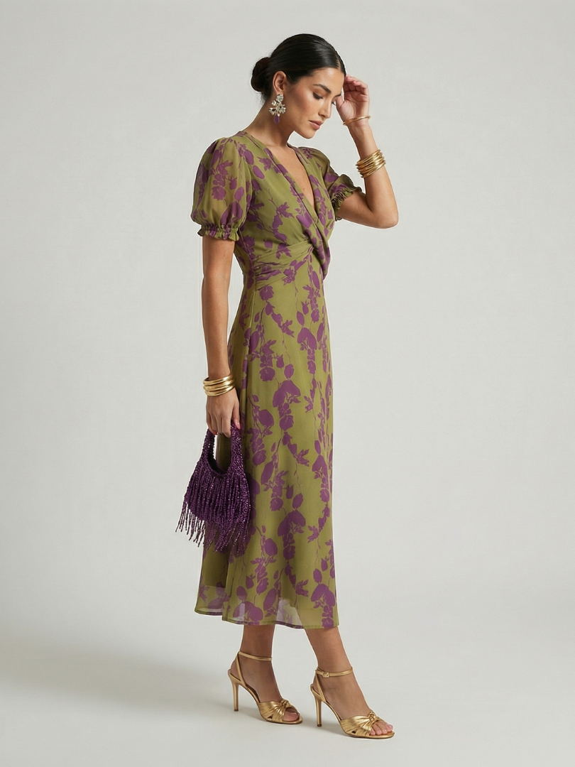 Floral Surplice V-Neck Floral Puff Sleeve Wrap A-Line Midi Dress 2