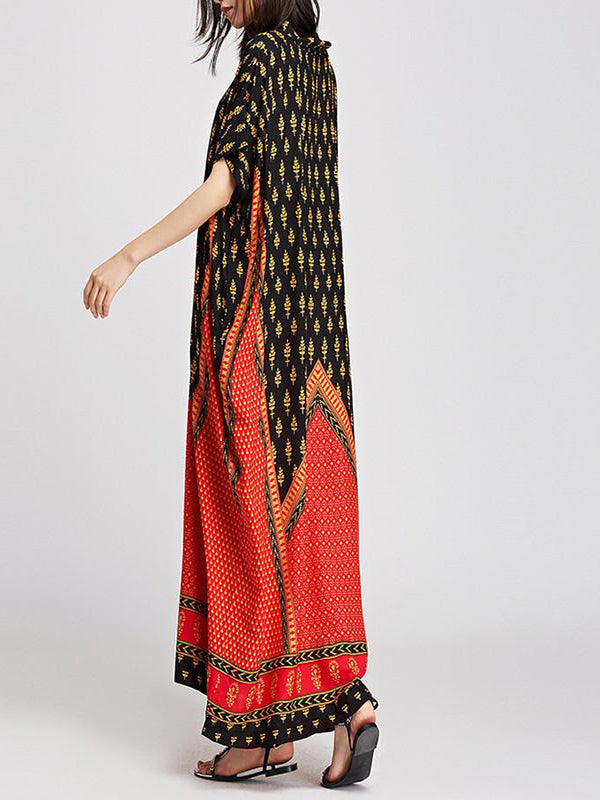 Brown V-Neck Ethnic Border Print Batwing Sleeve Kaftan Maxi Dress 4