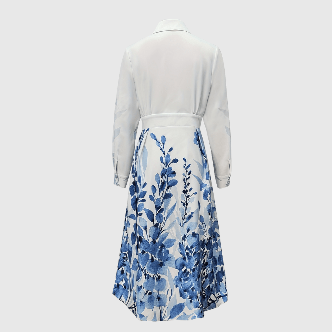 Collared Floral Border Print Long Sleeve Pocket Shirt Maxi Dress 5