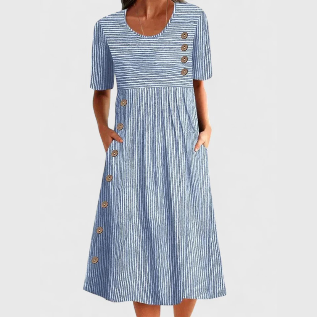 Round Neck Striped Button Detail Pocket A-Line Midi Dress