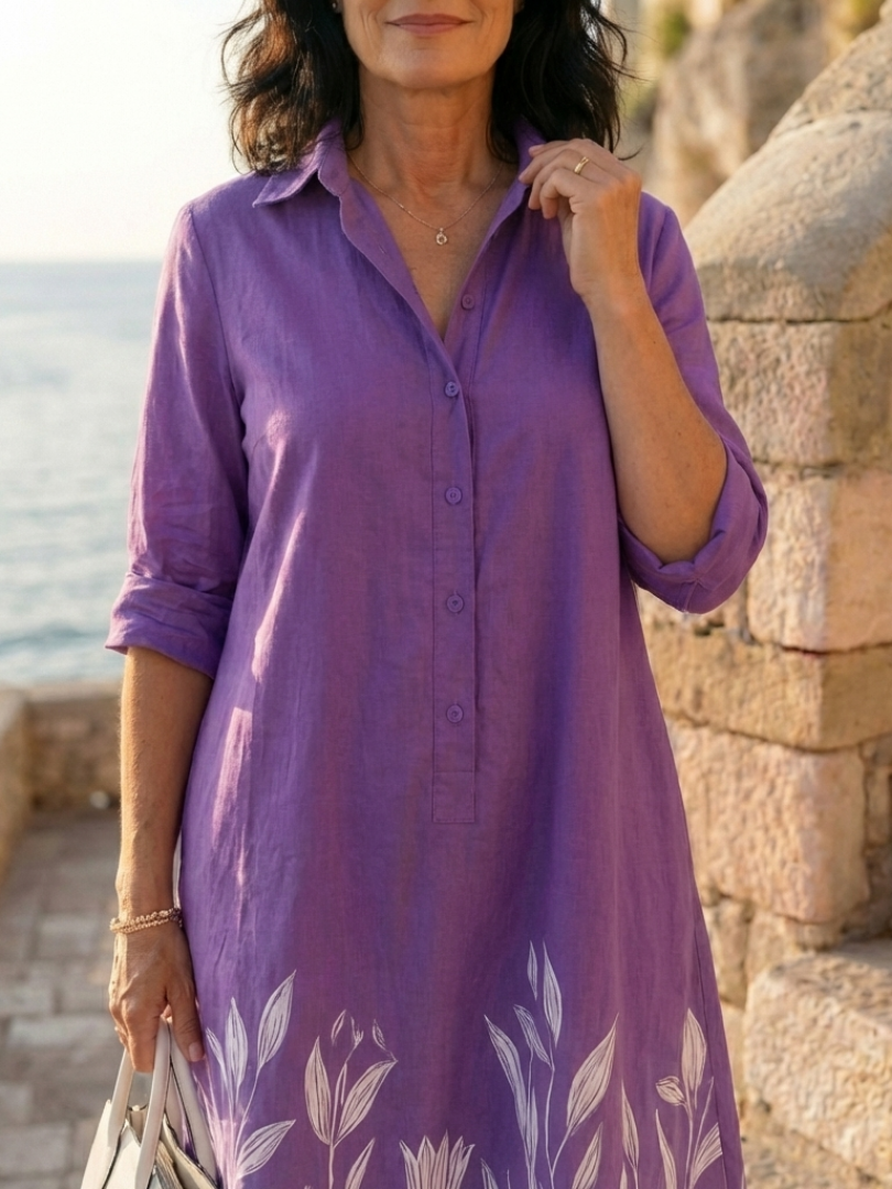 Purple Collar Button Placket Tulip Border Print Roll-Tab Shift Midi Dress