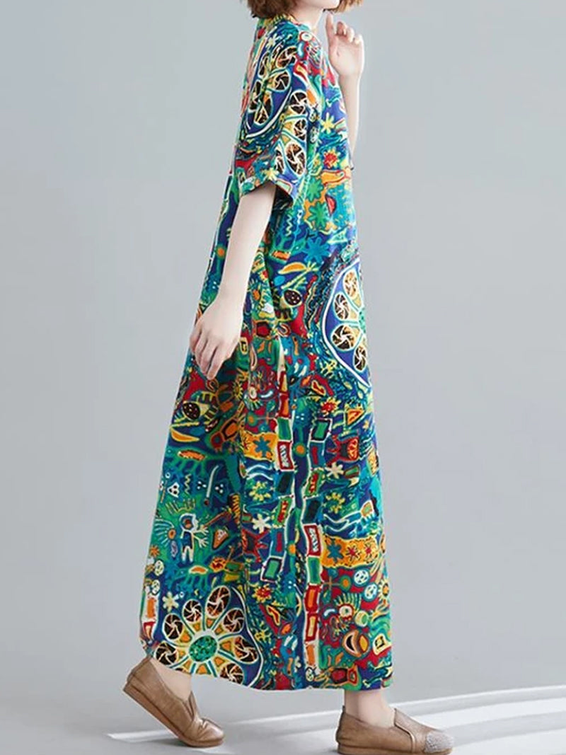 Multi Color V-Neck Abstract Print Short Sleeve Loose Kaftan Maxi Dress 2