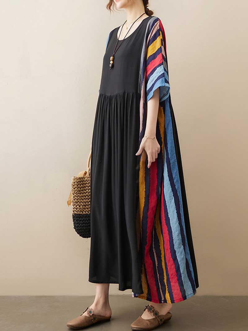 Multicolor Round Neck Short Sleeve Striped Panel Pleated Loose Maxi Dress 3