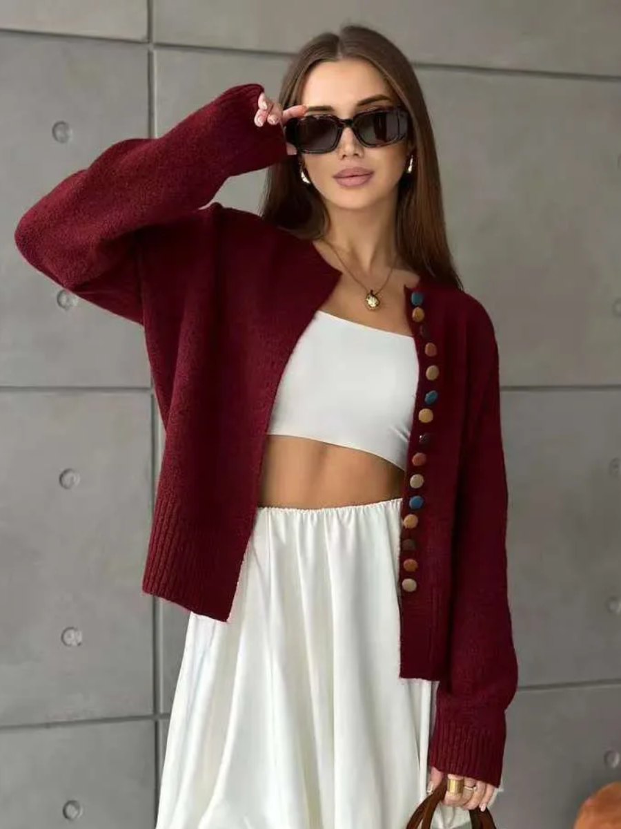 Round Neck Knit Button Front Long Sleeve Cardigan 6
