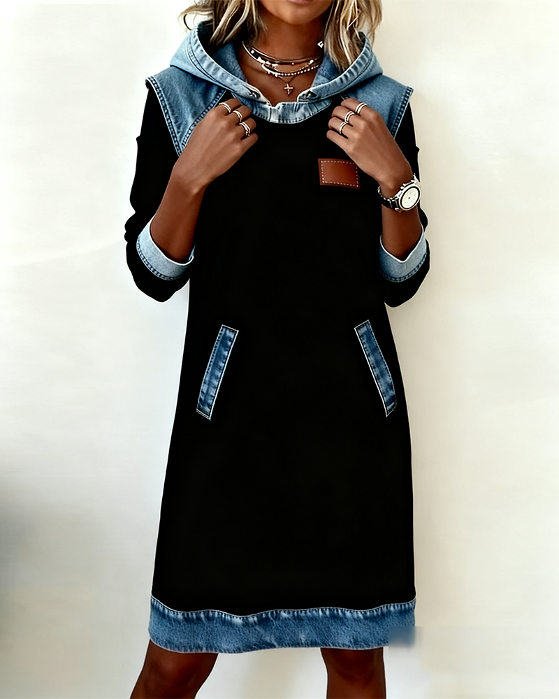 Hooded Long Sleeve Denim Contrast Panel Pocket Sweatshirt Mini Dress
