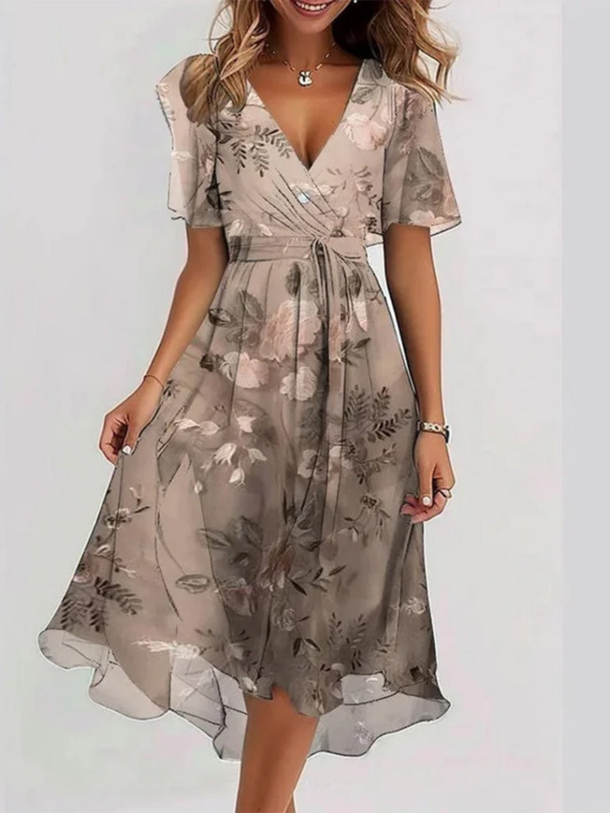Surplice V-Neck Short Sleeve Floral Chiffon Wrap Midi Dress