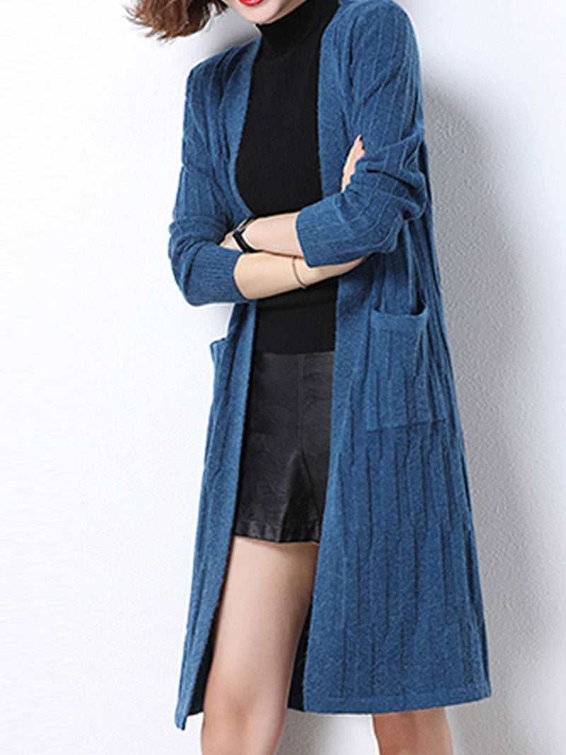Open Front Ribbed Knit Patch Pocket Long Sleeve Cardigan 10