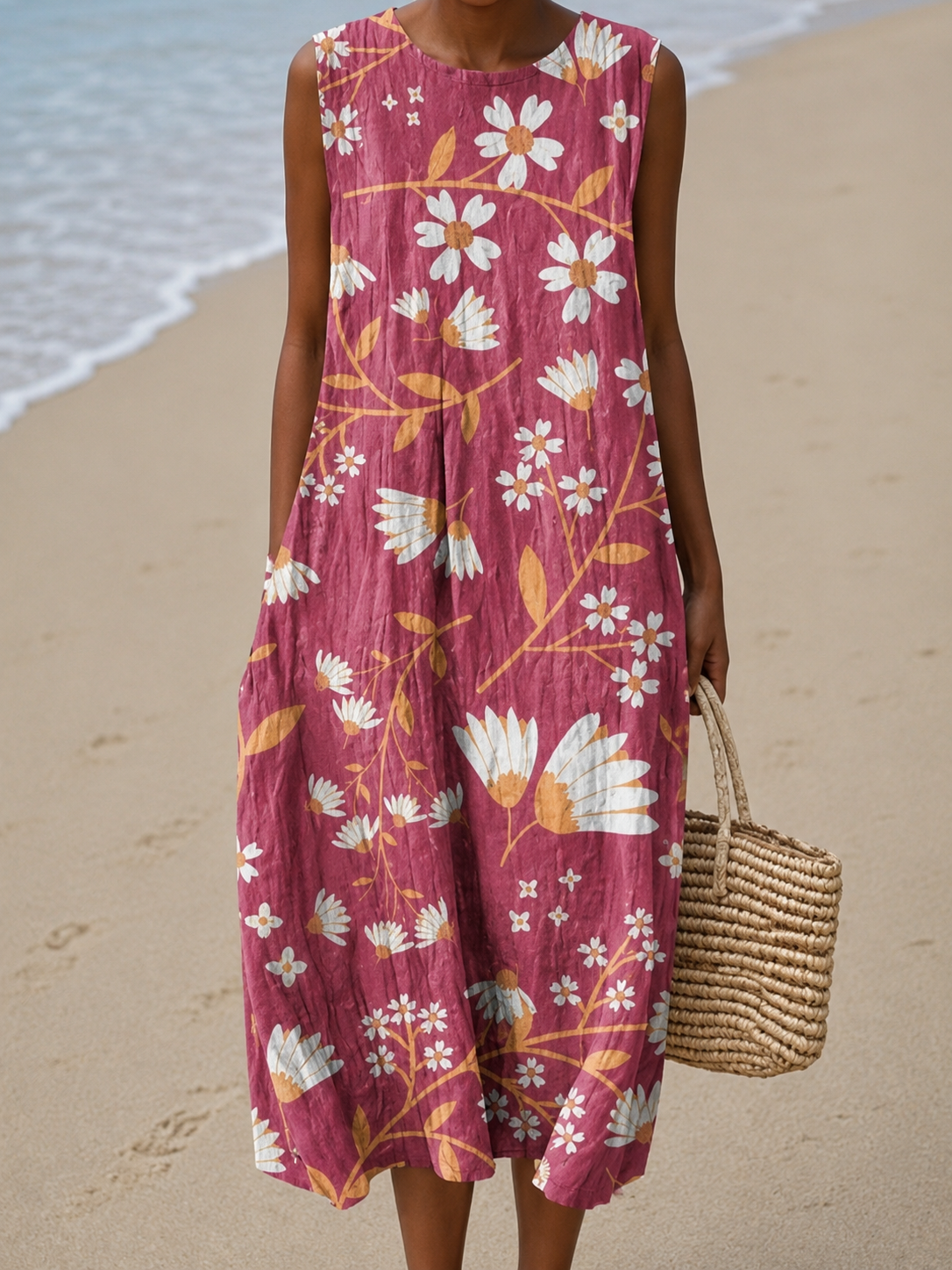Round Neck Sleeveless Daisy Floral Print Shift Midi Dress