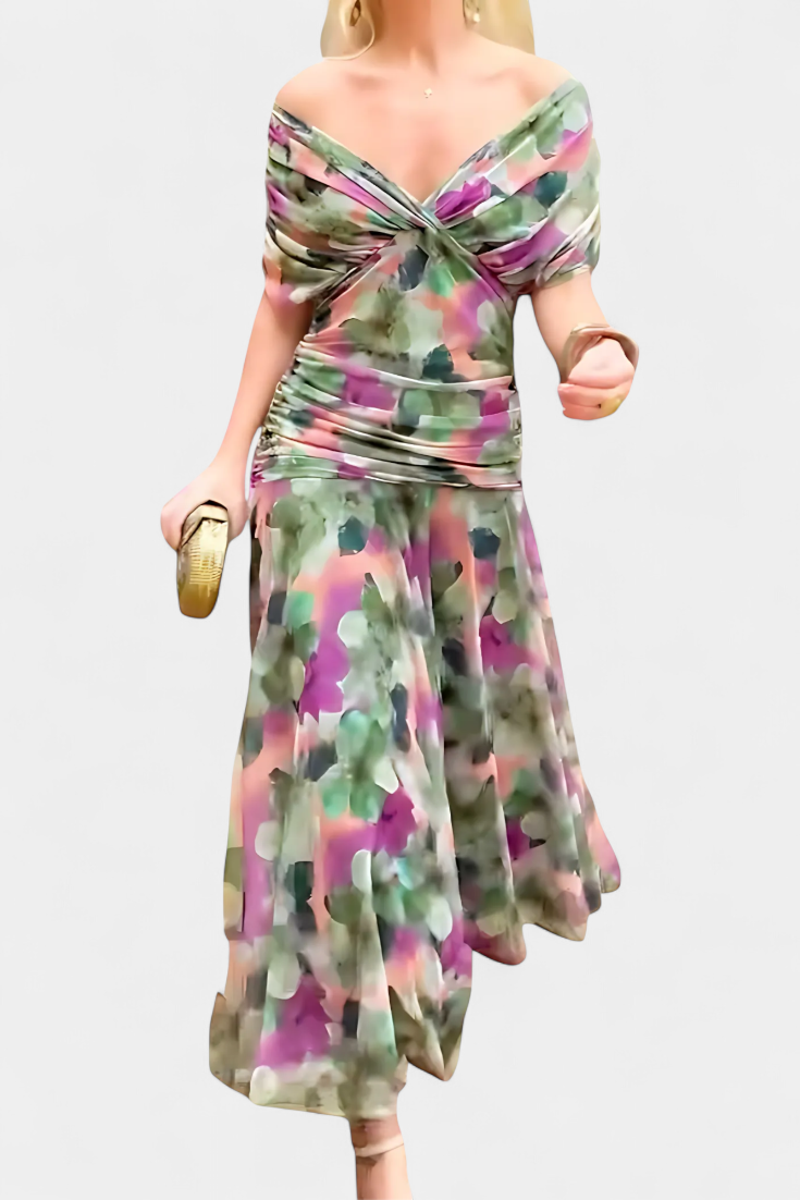 V-Neck Draped Ruched Short Sleeve Bodycon Maxi Dress