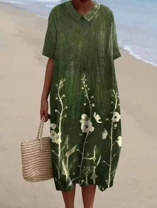V-Neck Short Sleeve Vintage Rose Floral Linen Midi Dress