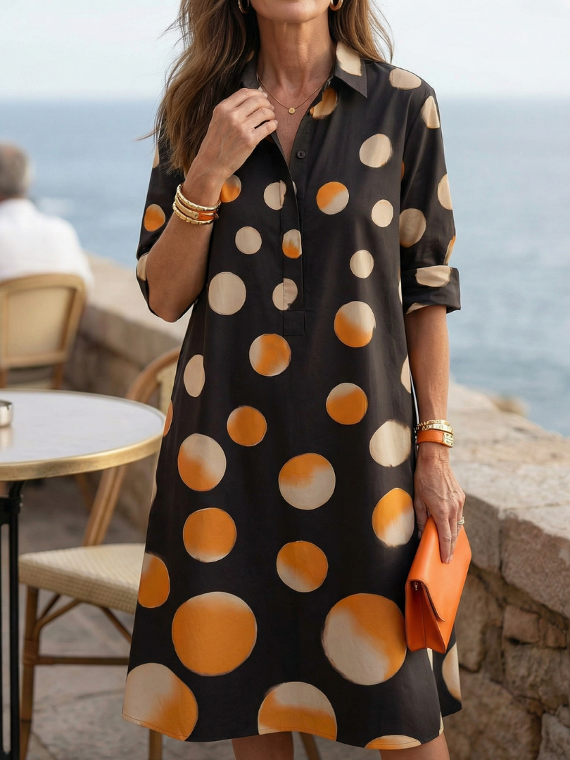 Black Collared Button Placket Oversized Polka Dot Long Sleeve Shirt Dress 3