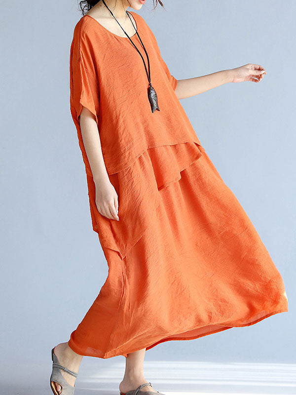 Round Neck Layered Short Sleeve Loose A-Line Linen Maxi Dress 4