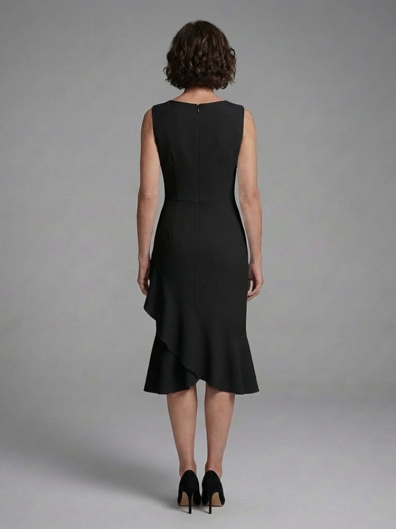 Boat Neck Ruched Asymmetric Ruffle Hem Mermaid Midi Dress 4