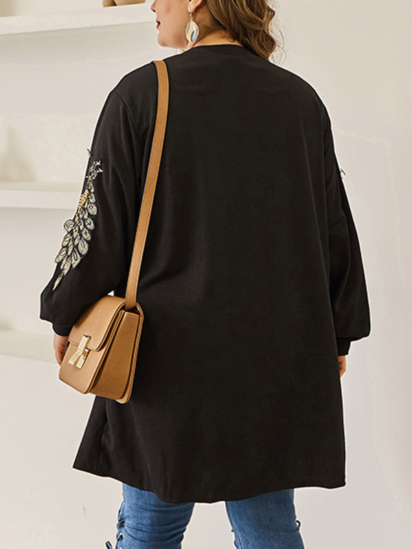 Black Open Front Peacock Embroidery Long Sleeve Longline Cardigan 2