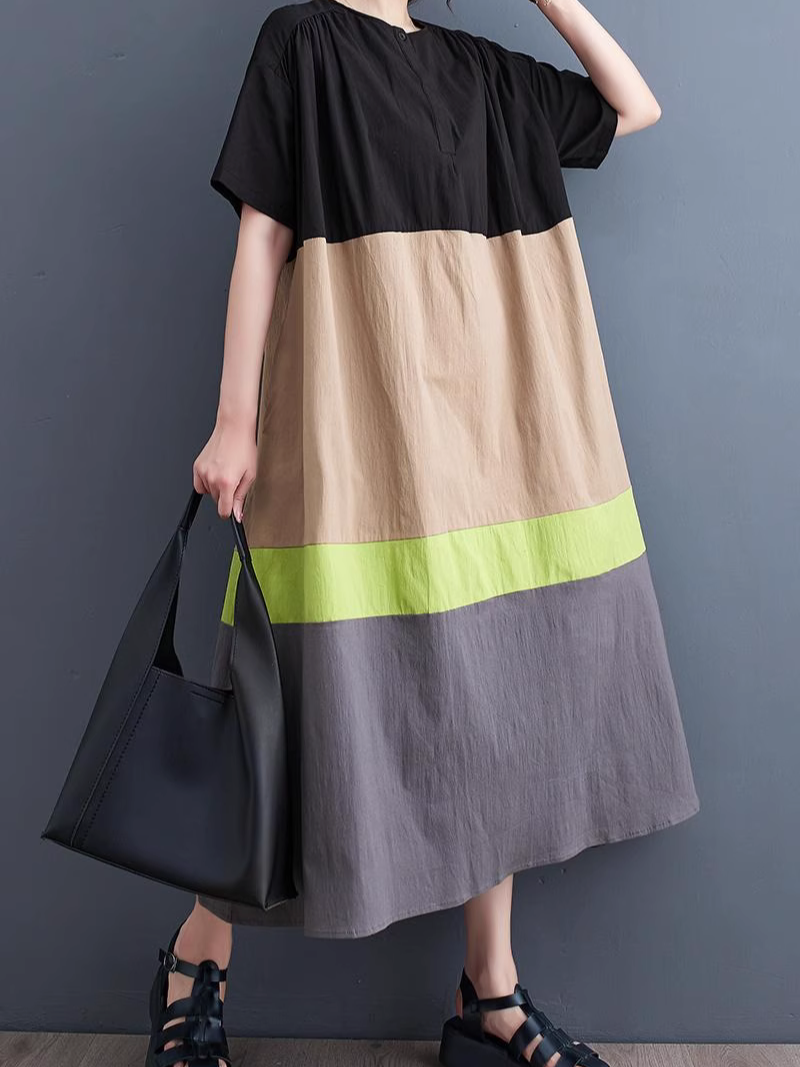 Round Neck Short Sleeve Contrast Panel Tiered Midi Dress 3
