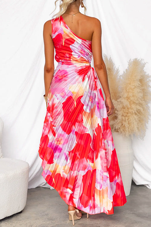 One-Shoulder Floral Print Pleated Ruched Waist Maxi Dress