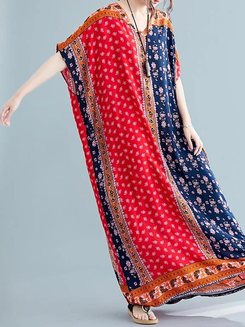 Red V-Neck Short Sleeve Bohemian Floral Patchwork Loose Kaftan Maxi Dress 2