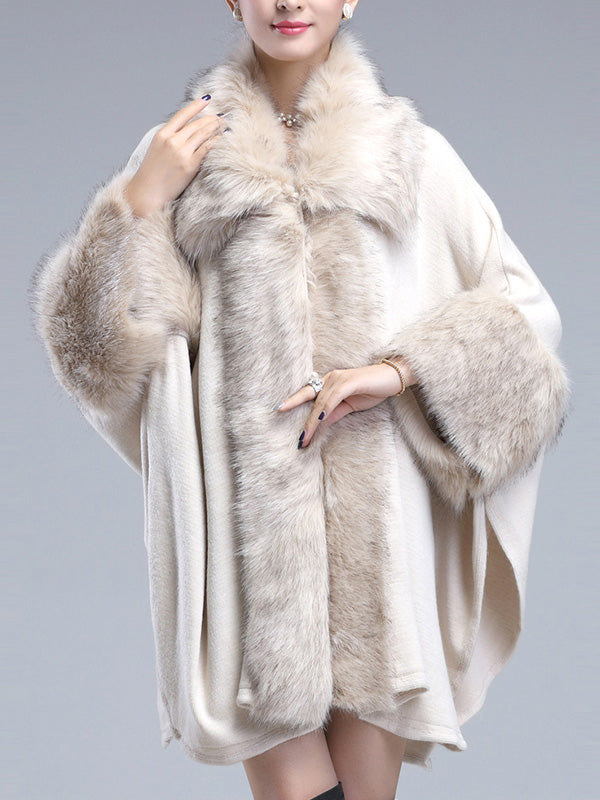 Faux Fur Trim Open Front Batwing Knit Cape Cardigan 10