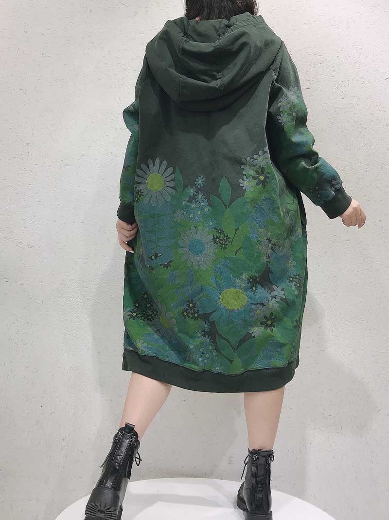 Hooded Floral Print Long Sleeve Oversized Sweatshirt Midi Dress 3