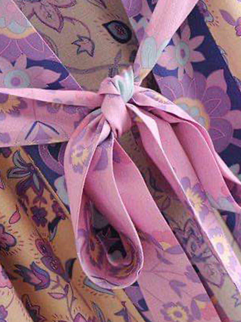 Violet Bohemian Floral Print Belted Long Kimono Robe
