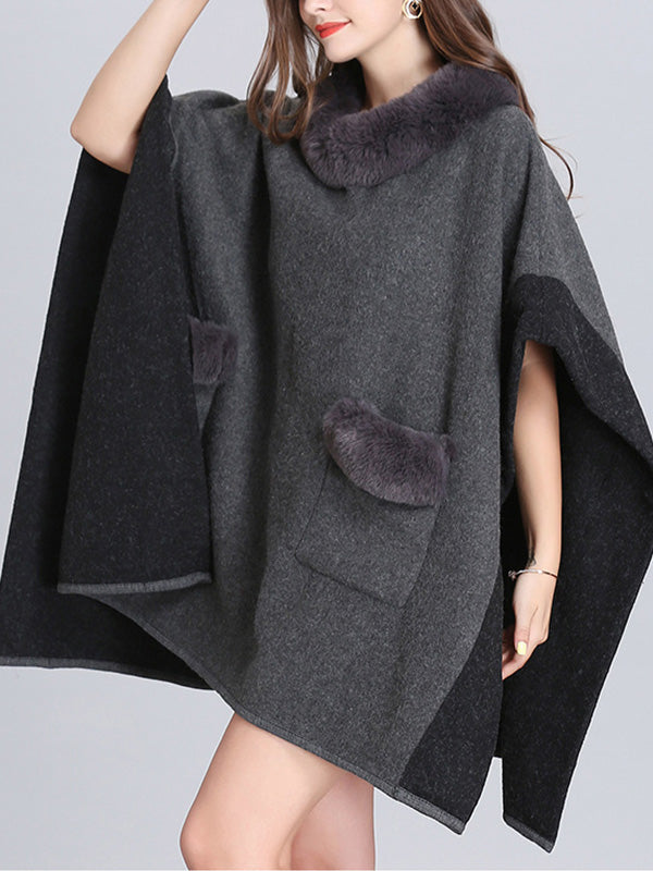Faux Fur Collar Contrast Trim Pocket Knit Cape
