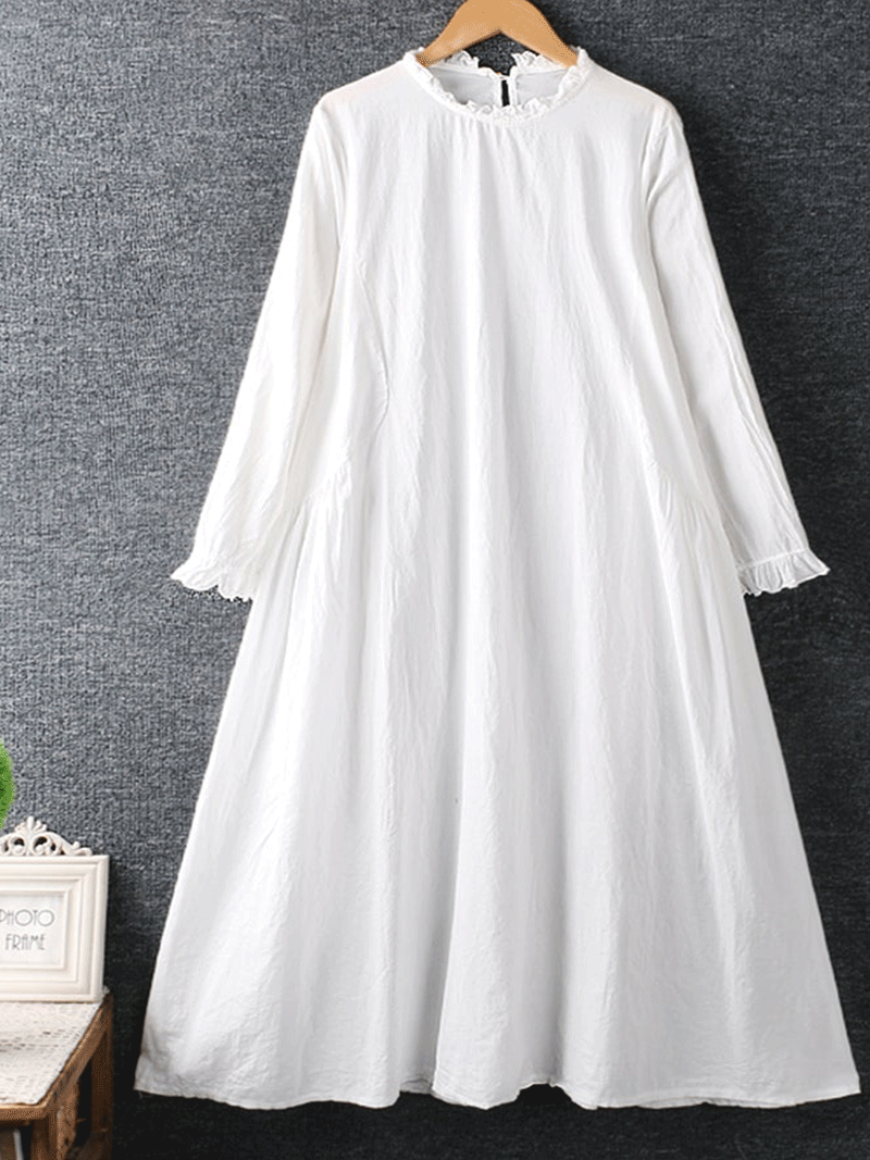 Ruffle Mock Neck Long Sleeve Cotton A-Line Midi Dress