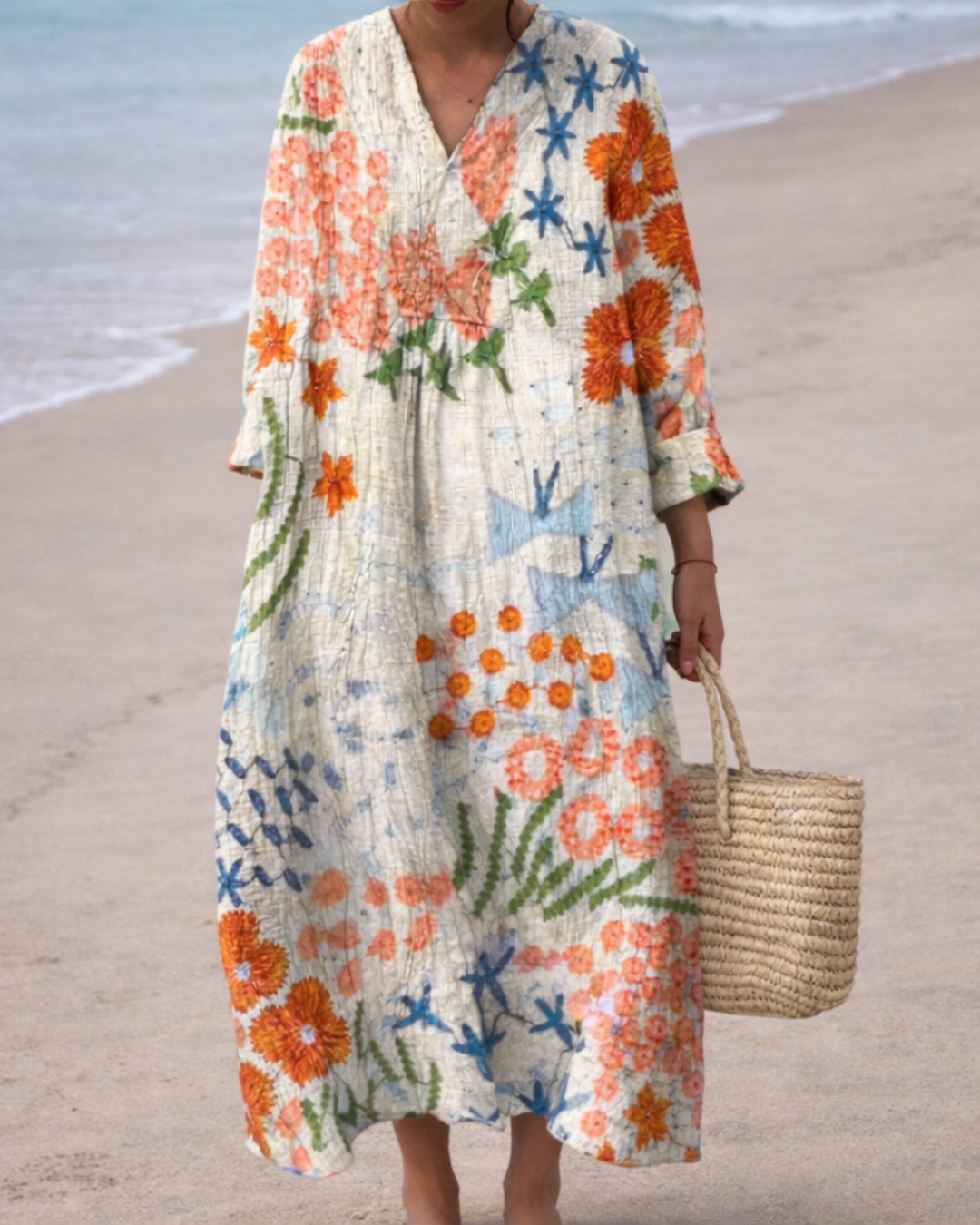 V-Neck Painterly Floral Long Sleeve Loose Maxi Dress