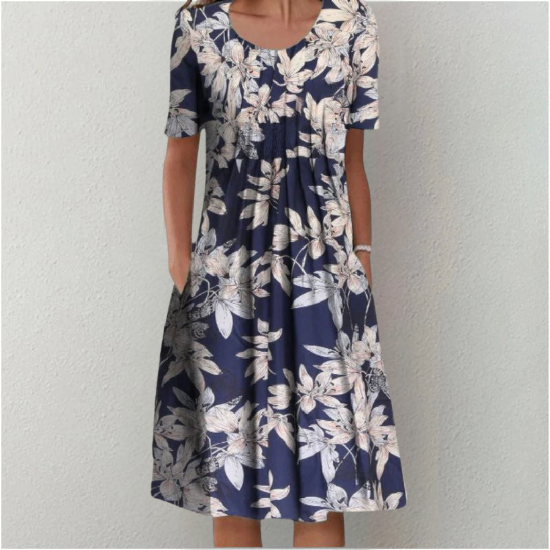 Round Neck Wildflower Print Short Sleeve Pleated Pocket Midi Dress 8
