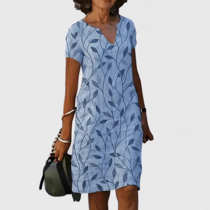 Notched V-Neck Leaf Print Short Sleeve Shift Midi Dress 2