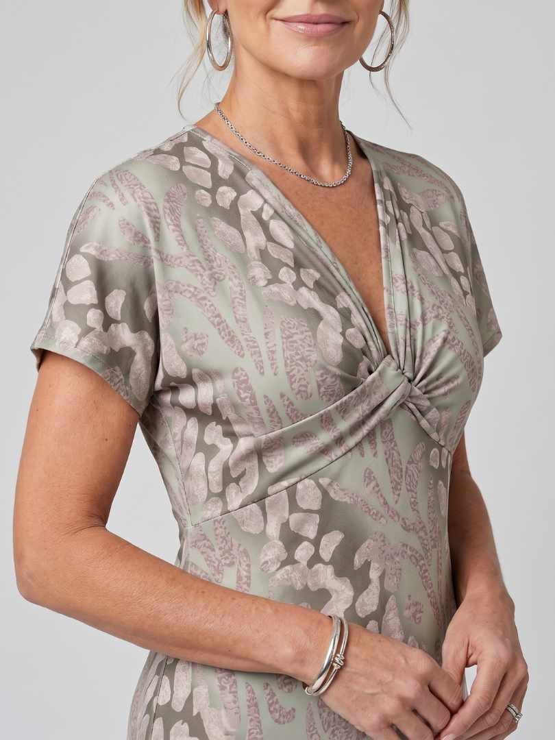 V-Neck Twist Front Satin Abstract Print Column Maxi Dress 2