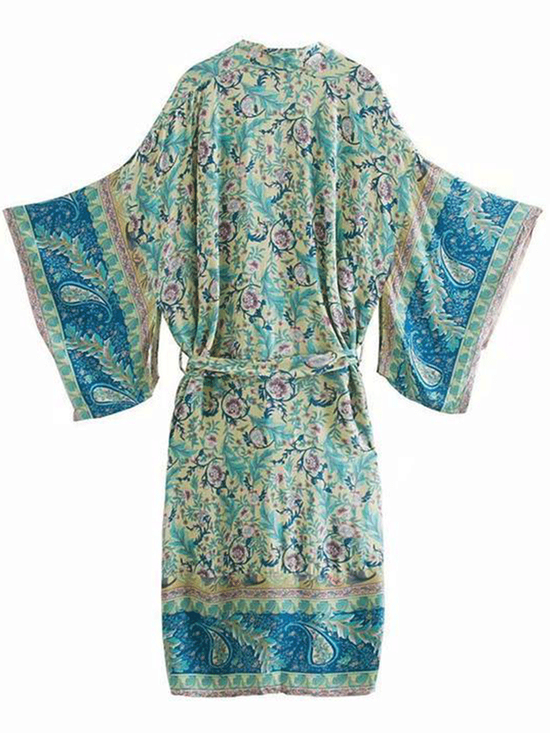 Green Bohemian Floral Paisley Border Belted Kimono Robe 2