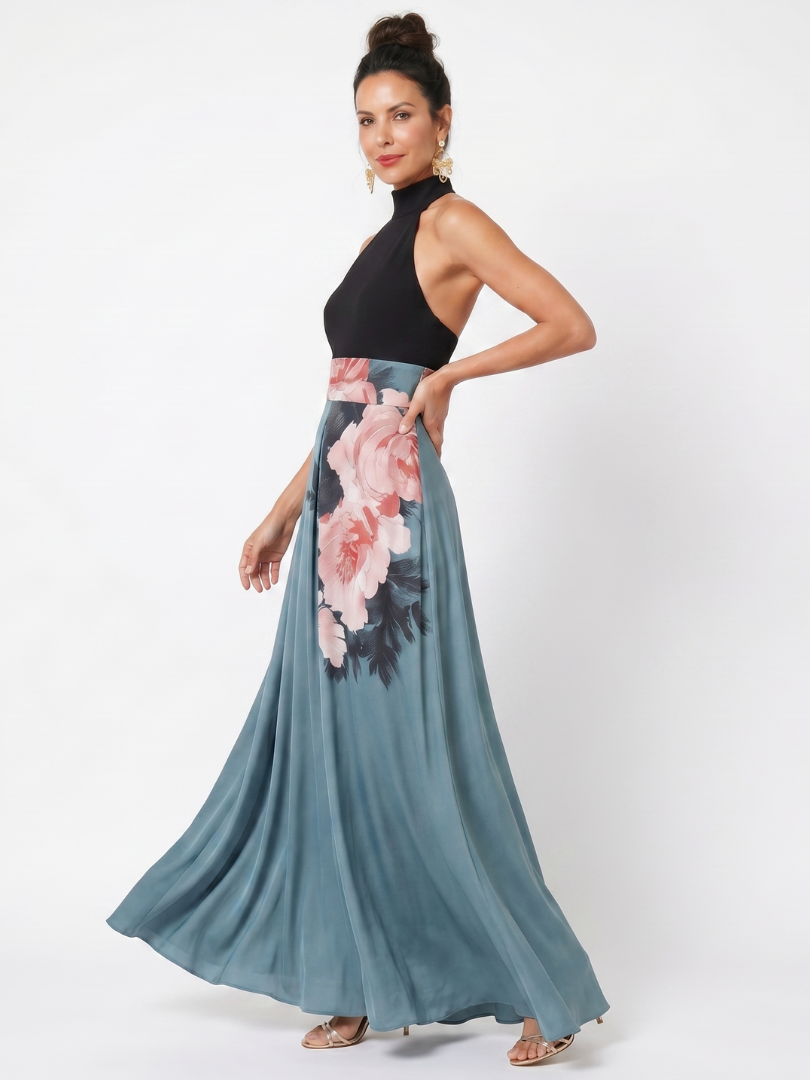 Multicolor Halter Neck Floral Print High Slit Maxi Gown 2