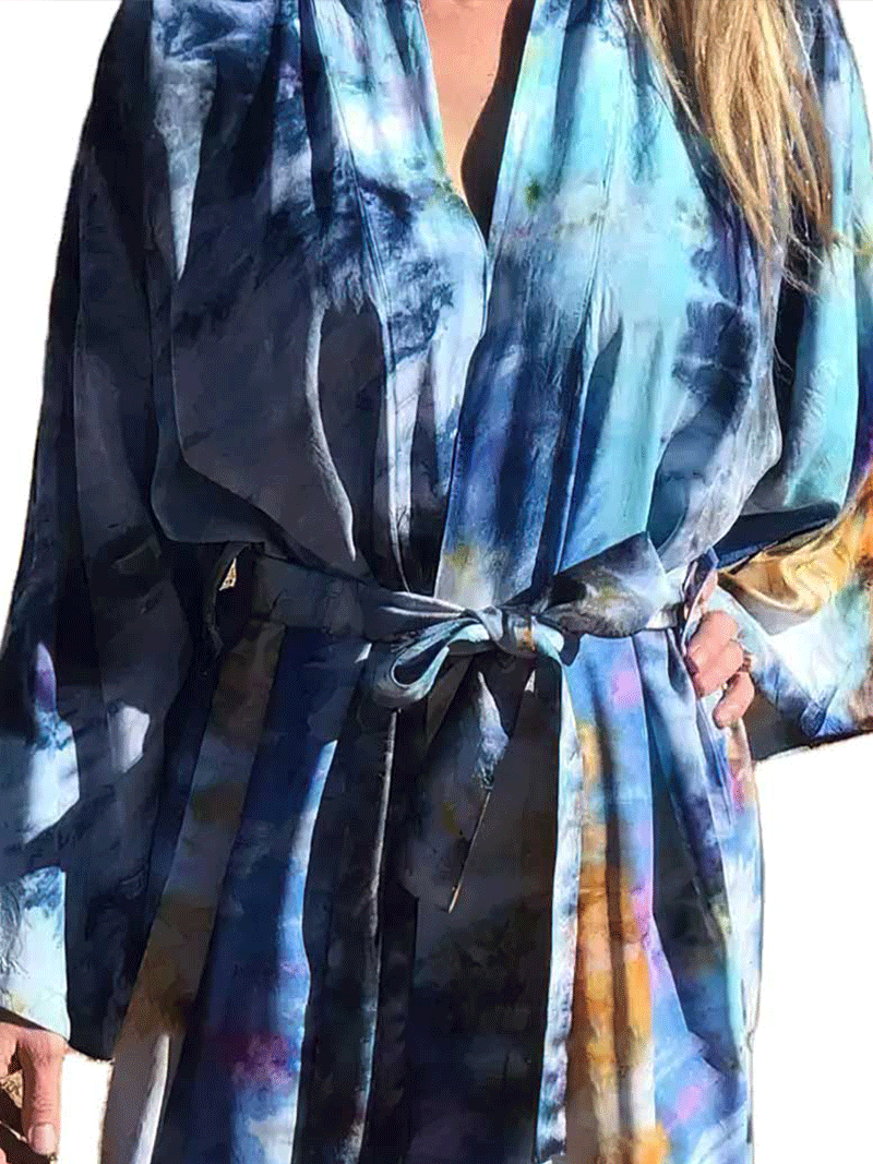 Multicolor Tie-Dye Print Open Front Wide Sleeve Long Duster Kimono 3
