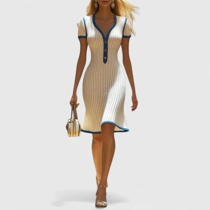 Biege V-Neck Ribbed Knit Buttoned Contrast Trim Bodycon Mini Dress 2